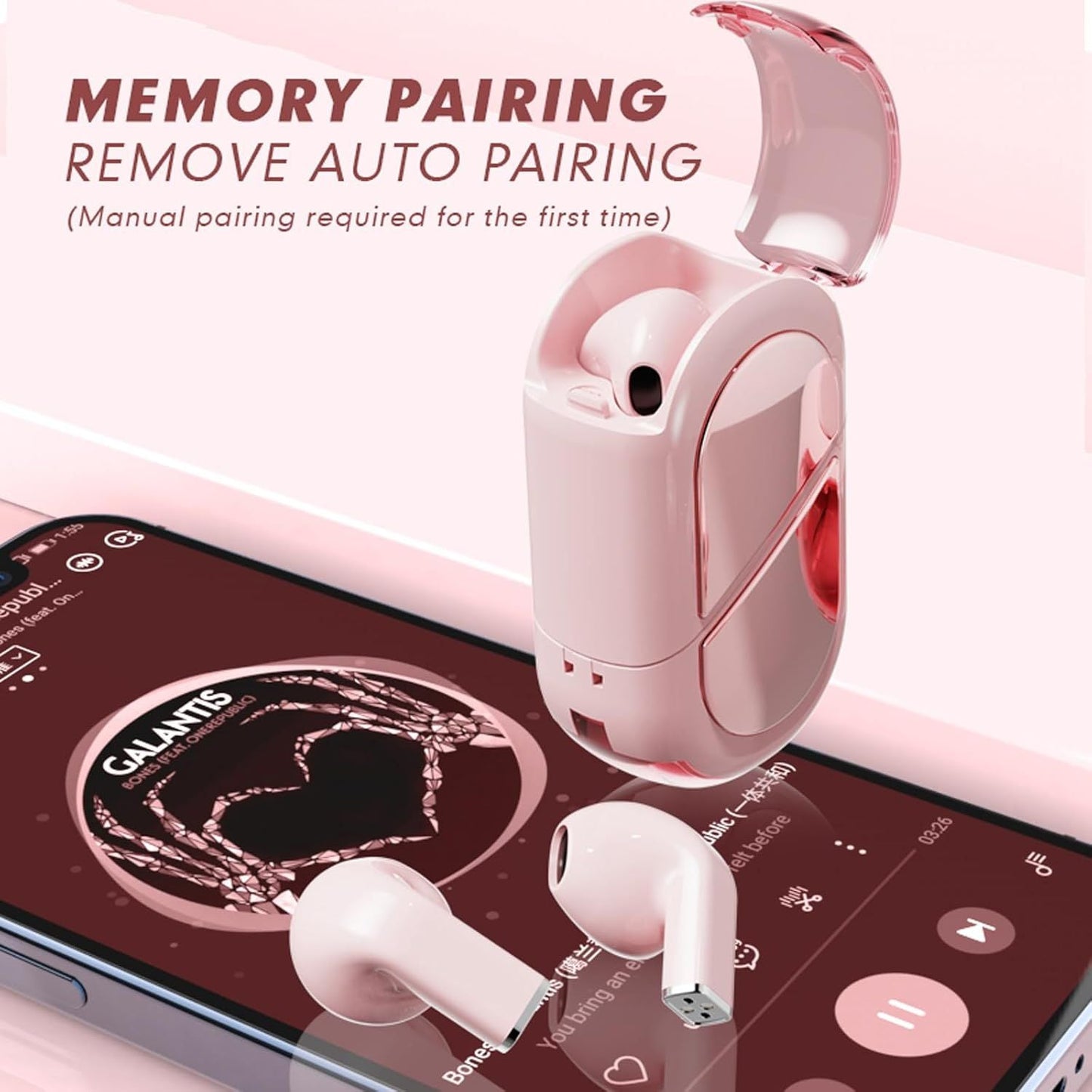 Pink Heart Design Wireless Earphones for Girls